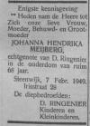 Johanna Hendrika Meijberg Overlijdensadvertentie